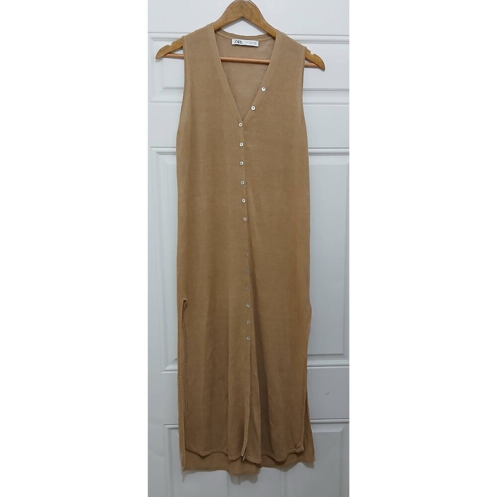 Zara womens medium linen nylon knit long maxi vest dress tan split sides - Picture 2 of 8